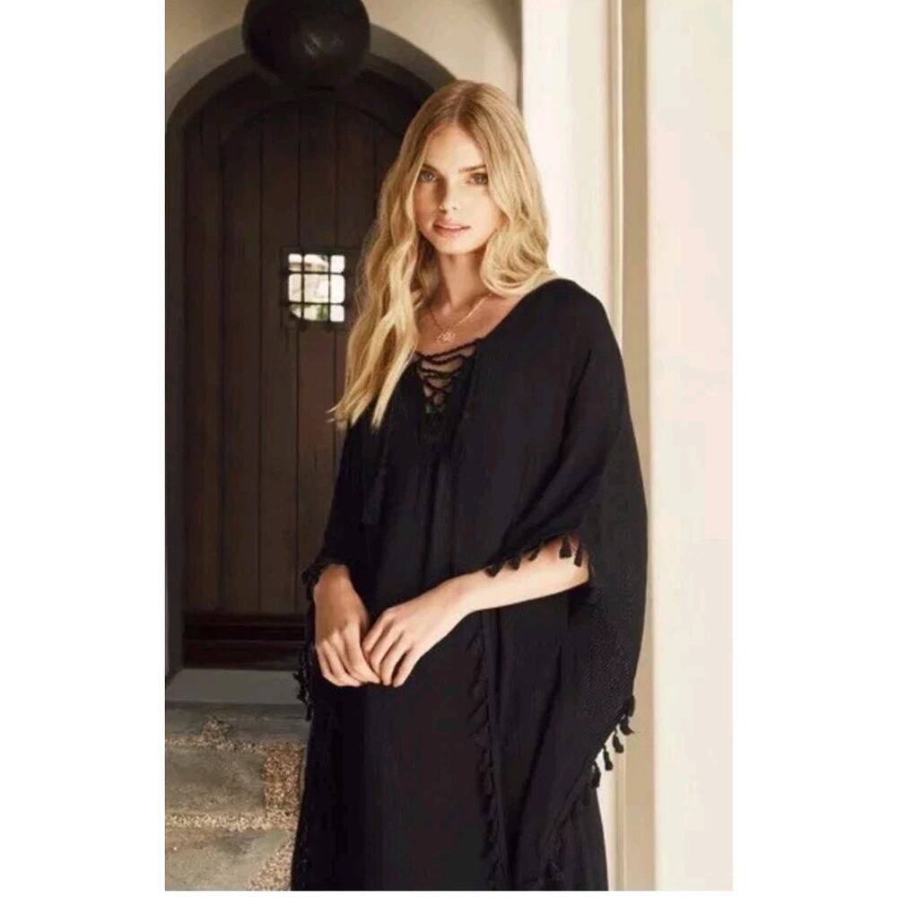 Walter Baker Acapulco Tassel Trim Gauze Kaftan in Black One Size